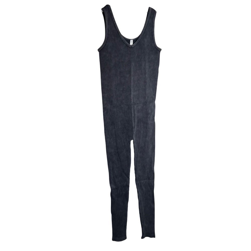 Zenana Ribbed‎ Mineral Wash Jumpsuit Charcoal Black V-Neck Bodysuit NPW-6369A SM